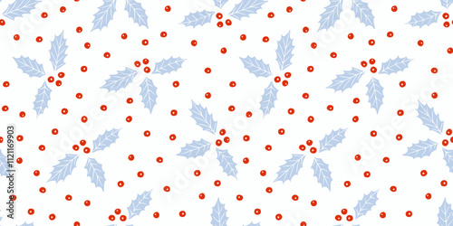 Christmas holly leaves with berries seamless pattern for wrapping paper, festive design. Simple cute winter holiday season background. Flat modern vector texture.