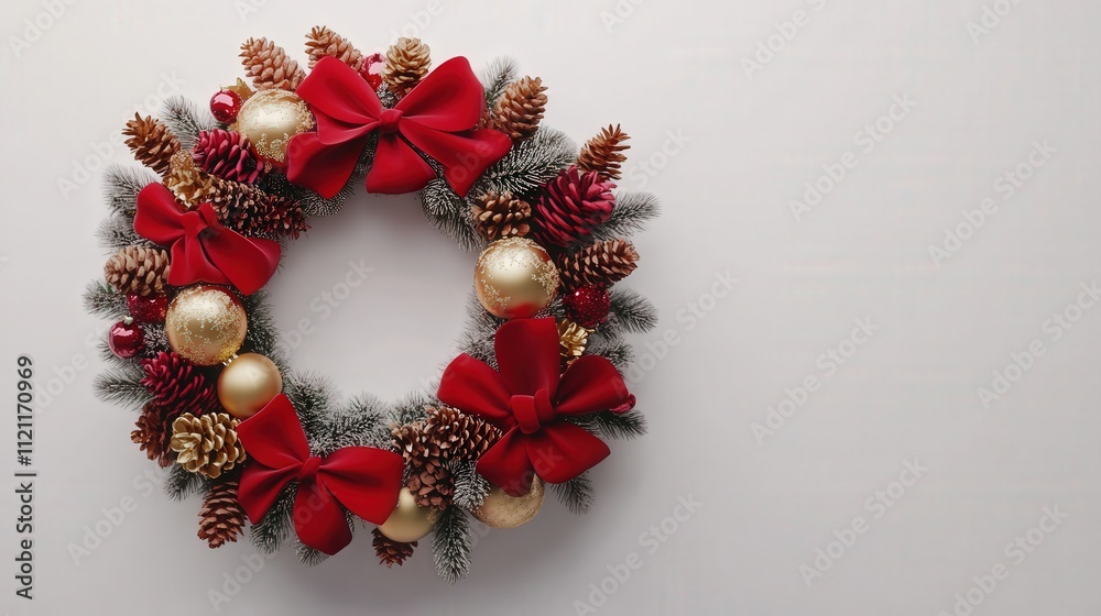A 3D Christmas wreath isolated on a white background, adorned with bright red bows, golden ornaments, A 3D Christmas wreath isolated on a white background, adorned with bright red bows, golden ornaments,