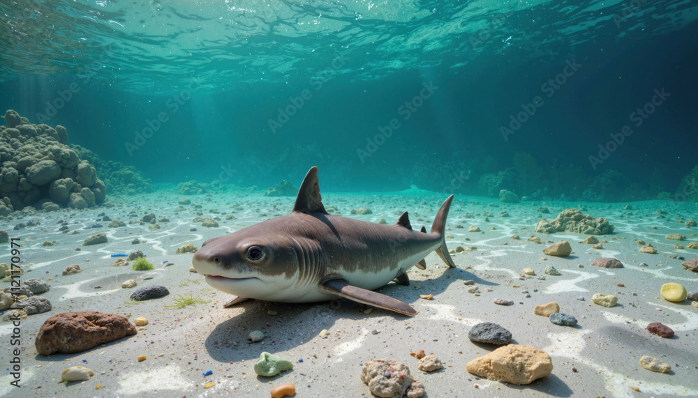 Fototapeta premium Shark resting on the sandy seabed surrounded by rocks and coral
