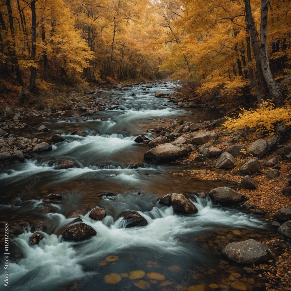 A river winding through a golden autumn forest with falling leaves. A river winding through a golden autumn forest with falling leaves.