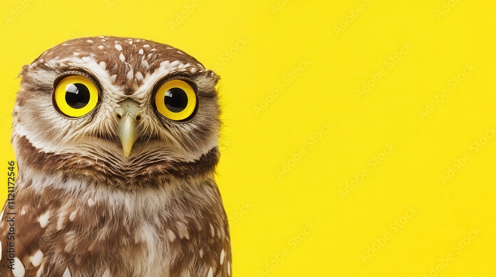 Obraz premium Close-up of a Spotted Owl against a Bright Yellow Background