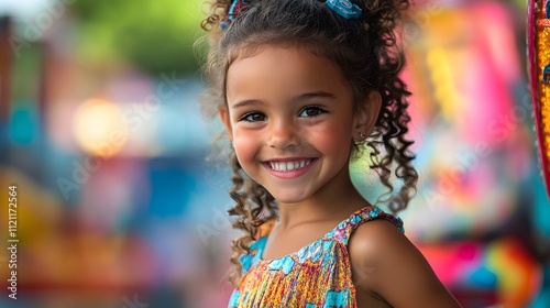 69. A young girl with a unique dress and a playful smile, enjoying a day at a colorful fairground