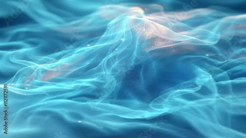 Such a soft visual, dominated by light blue, abstract shapes that resemble waves or thin fabric floating in all corners