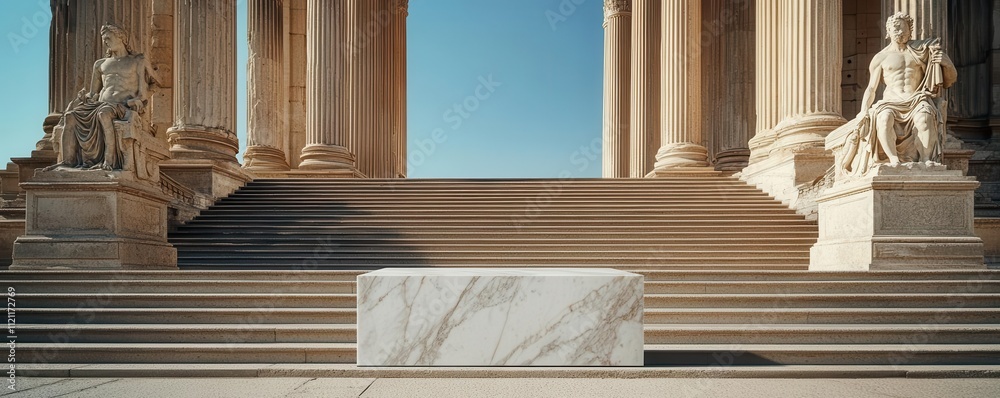 Roman marble podium placed on the steps of a temple, with towering Corinthian columns and statues of Roman gods, luxury product display, ancient power