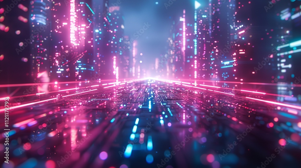 Obraz premium Sleek Futuristic Cityscape with Neon Lights Reflecting on Wet Pavement.