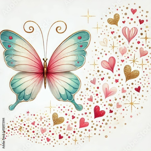 A vibrant illustration featuring hearts, flowers, and butterflies, perfect for romantic themes. Butterfly and heart, Valentine's Day card, wedding, love greeting card.