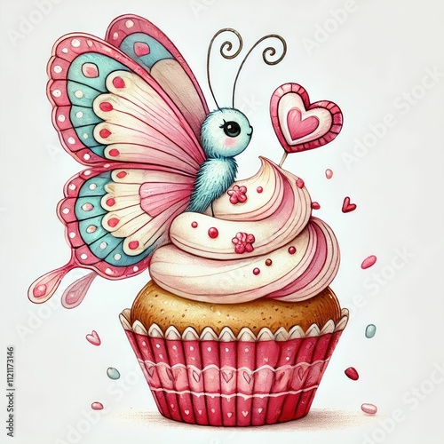 A vibrant illustration featuring hearts, flowers, and butterflies, perfect for romantic themes. Butterfly and heart, Valentine's Day card, wedding, love greeting card.