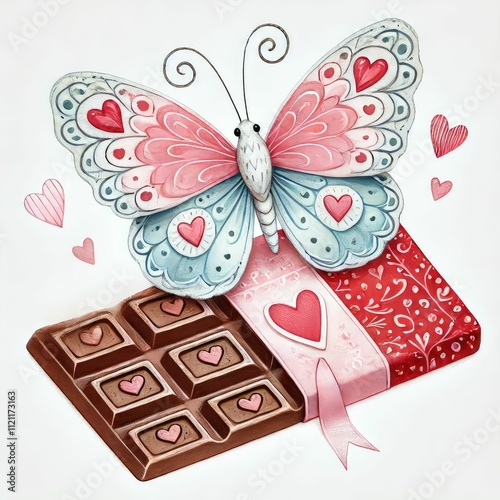 A vibrant illustration featuring hearts, flowers, and butterflies, perfect for romantic themes. Butterfly and heart, Valentine's Day card, wedding, love greeting card.