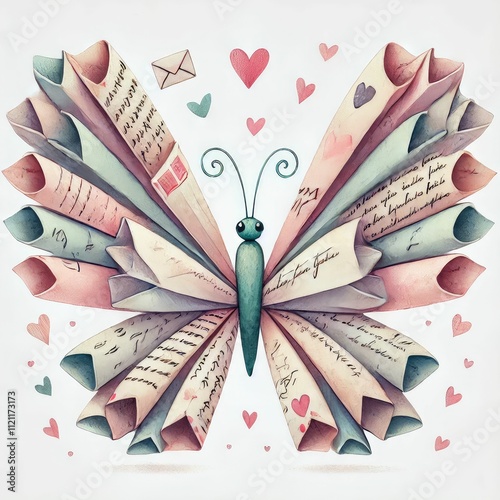 A vibrant illustration featuring hearts, flowers, and butterflies, perfect for romantic themes. Butterfly and heart, Valentine's Day card, wedding, love greeting card.