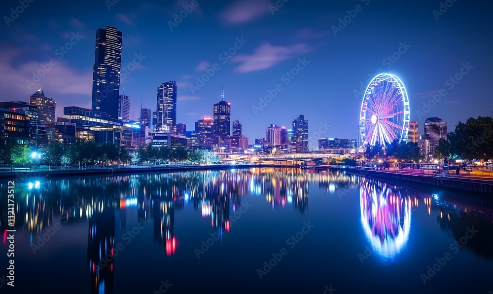 Obraz premium Illuminated Ferris wheel at night with cityscape in the background, Generative AI