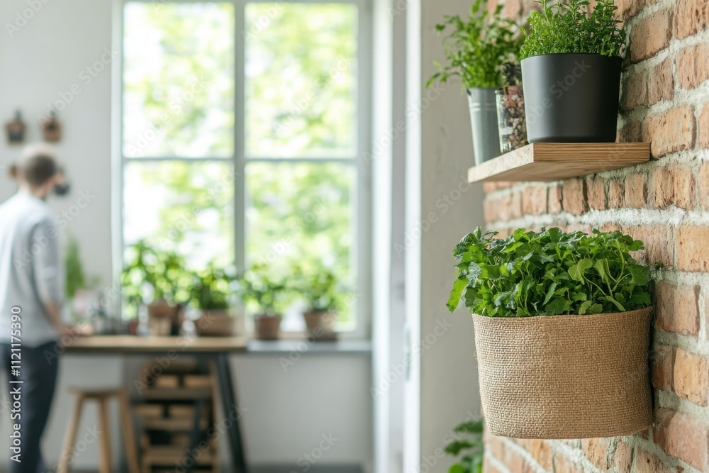 Lifestyle concept for home gardening and green living: Herbs on the brick wall, a young man working at a wooden table with a window behind him in the background. Lifestyle concept for home gardening and green living: Herbs on the brick wall, a young man working at a wooden table with a window behind him in the background.
