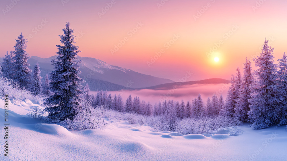 Beautiful winter sunrise over snow-covered mountains with frosted pine trees Beautiful winter sunrise over snow-covered mountains with frosted pine trees
