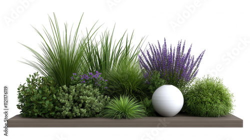 [Serene Outdoor Garden Planter Box with Plants and Egg] Serene Small Garden Planter with Purple Flowers & White Egg Under Tree Shadow