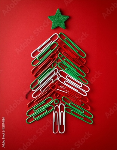 Christmas tree made of red and green metalic paper clips on red background. Generated image photo