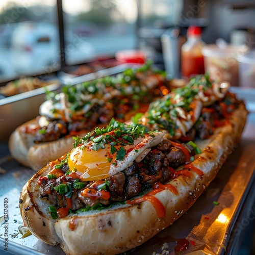 Classic beef pratha roll topped fried egg served a side of spicy mayo on a toasted baguette with a vibrant Asianthemed food truck in the background captured with a slow shutter speed to convey motion photo