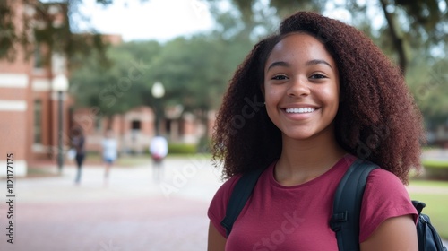 Young student with curly hair smiling on a college campus backdrop