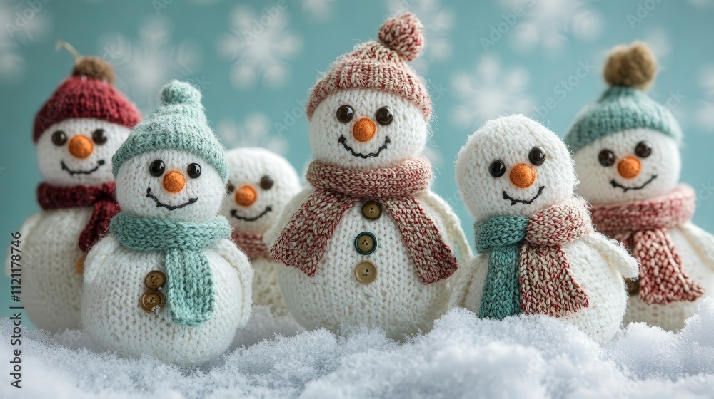 A collection of little knitted snowmen, each with a handmade scarf and button eyes, standing on a snowy surface
