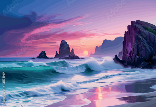 Dramatic Coastal Sunset with Waves and Rocks