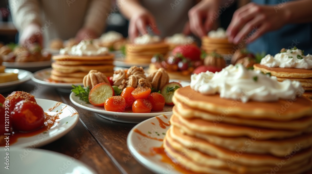 A close-up of a festive table adorned with traditional Maslenitsa dishes, including stacks of pancakes, sour cream, and various toppings