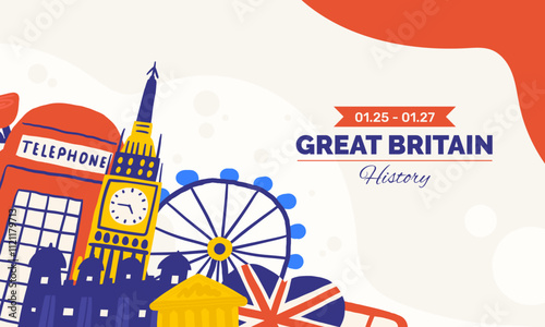 Cute England, English, Great Britain, United Kingdom composition, banner with funny hand drawn doodle Big Ben, Ferris wheel, flag, the Tower, red telephone booth, box, museum. British background