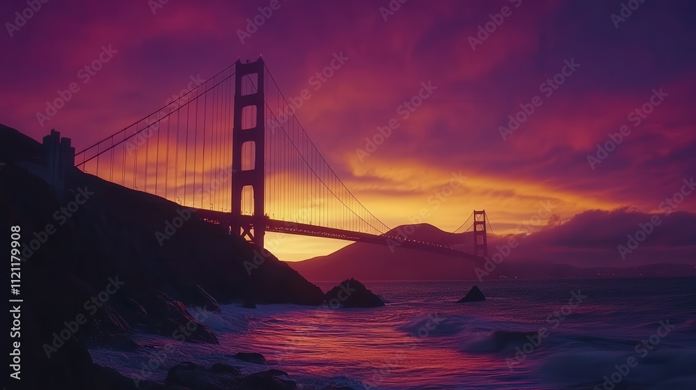 Obraz premium Golden Gate Bridge silhouetted against the vibrant hues of a fiery sunset, with the sky blending warm oranges and deep purples