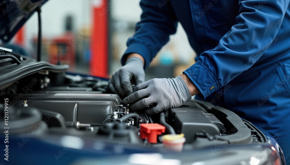 Focused mechanic works on car engine in auto repair shop. Expert repairs car parts. Close-up view of hands, engine components. Maintenance procedure in progress. Real photo captures pro auto