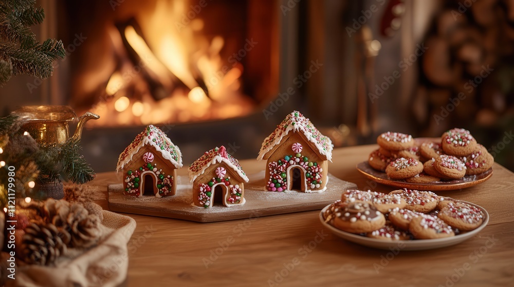 gingerbread houses arranged on a wooden table, decorated with candy and frosting, alongside a plate of traditional Christmas cookies gingerbread houses arranged on a wooden table, decorated with candy and frosting, alongside a plate of traditional Christmas cookies