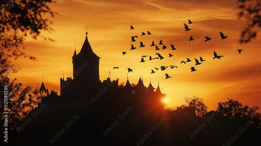 Fototapeta premium birds circling a castle at dusk, their silhouettes adding contrast to the vibrant tones of the sunset