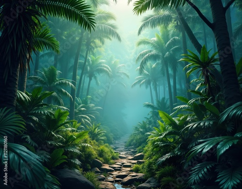 Mysterious jungle path winds through green rainforest. Tall palm trees create dense canopy. Sunlight filters through mist. Stones form path. Vibrant tropical foliage surrounds trail. Sense of