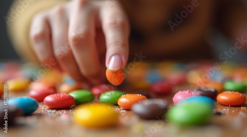 A close-up of a person's hand reaching for a colorful assortment of candies and chocolates on a table