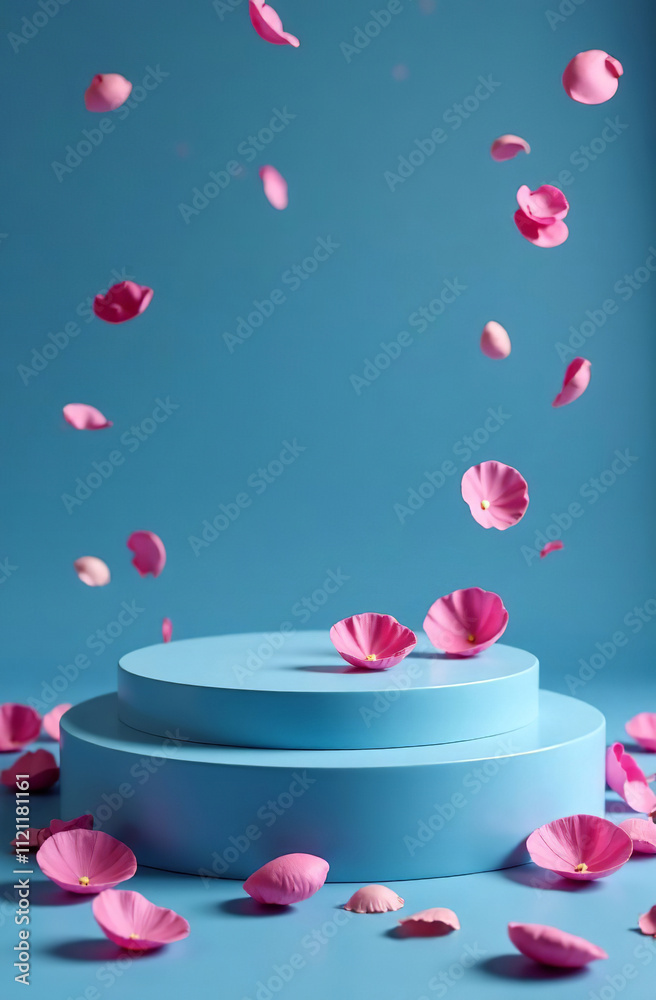 Podium cosmetic product on blue background, free space for goods. AI Generative Podium cosmetic product on blue background, free space for goods. AI Generative