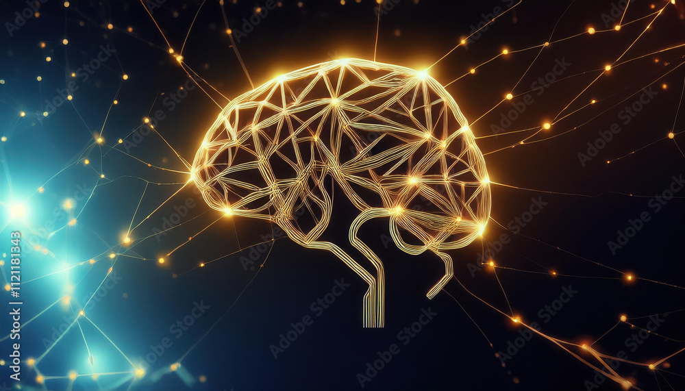 conceptual brain made of glowing interconnected lines, symbolizing creativity and innovation, with small golden ideas branching out conceptual brain made of glowing interconnected lines, symbolizing creativity and innovation, with small golden ideas branching out