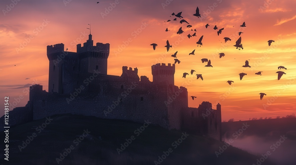 Obraz premium flock of birds soaring above a castle as dusk settles, with the soft light capturing the romance of the moment