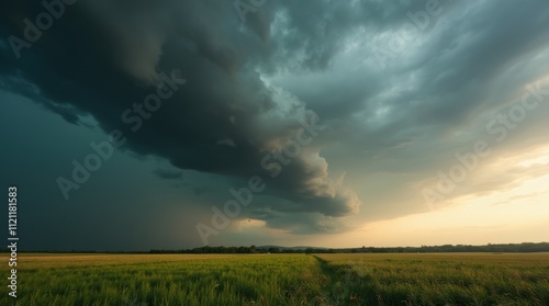 A dramatic landscape showcasing a sudden change in weather, with dark storm clouds rolling in over a sunny field, illustrating the contrast between light and shadow