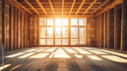 New Home Construction Wooden Frame, Sunlight, Room, Window, Floor, Beams, Walls, Interior, Under Con