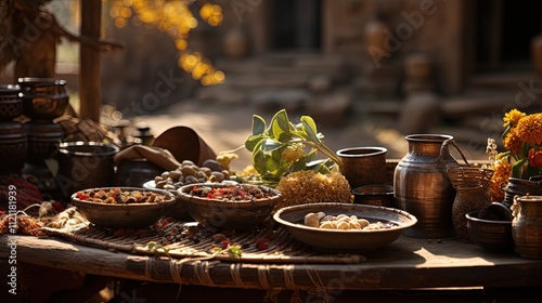 An Ethiopian coffee ceremony in a rustic setting photo