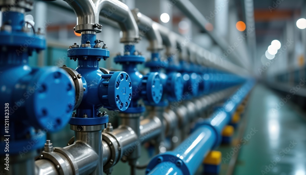Industrial water monitoring system with automated controls. Rows of blue valves, stainless steel pipes in factory. Efficient water management system for manufacturing. Technology for water supply, Industrial water monitoring system with automated controls. Rows of blue valves, stainless steel pipes in factory. Efficient water management system for manufacturing. Technology for water supply,