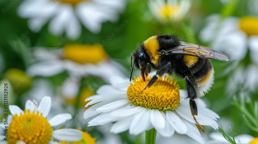 A striking yellow and black bumblebee sitting on a white daisy, emphasizing its fuzzy texture and vibrant colors. A striking yellow and black bumblebee sitting on a white daisy, emphasizing its fuzzy texture and vibrant colors.