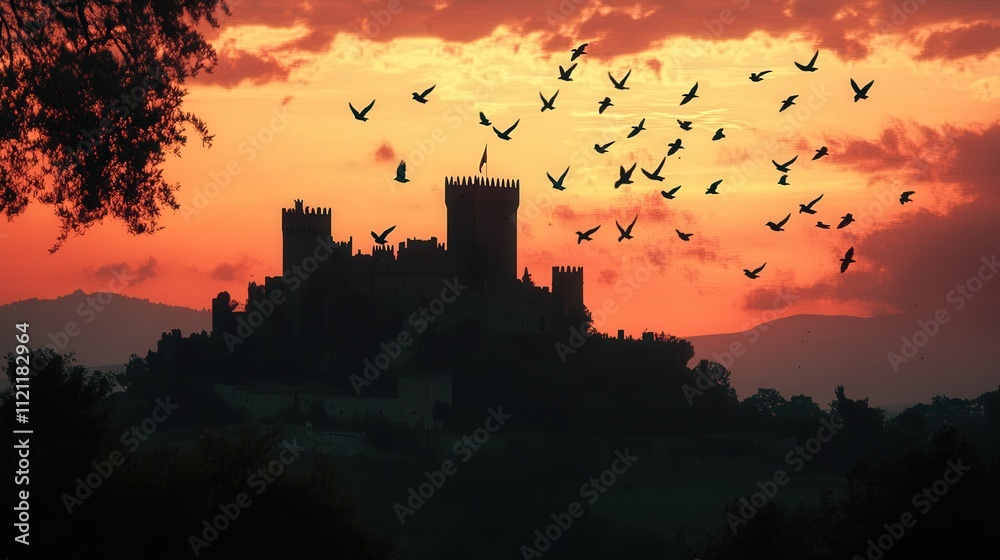 Fototapeta premium castle at twilight, its silhouette framed by a flock of birds flying gracefully across the fading sky