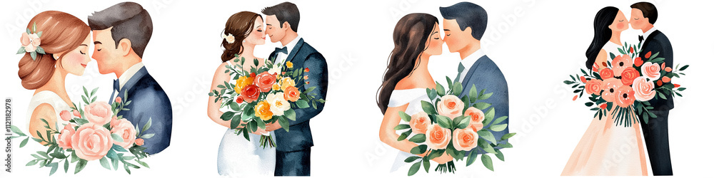 Wedding watercolor and groom delicate, The image features couples celebrating love, holding bouquets, and sharing intimate moments in stunning wedding attire.
