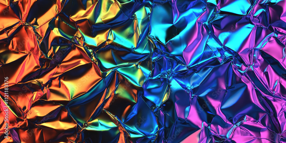 Iridescent crumpled foil texture background, with shimmering, reflective surfaces that change colors as light hits, creating a dynamic and visually captivating pattern of folds and creases. Iridescent crumpled foil texture background, with shimmering, reflective surfaces that change colors as light hits, creating a dynamic and visually captivating pattern of folds and creases.