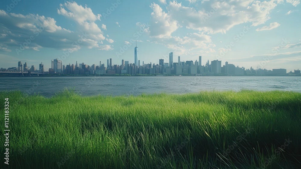 city across the river, with vast green grass fields rolling towards the shore. The serenity of the fields contrasts with the towering city skyline in the distance city across the river, with vast green grass fields rolling towards the shore. The serenity of the fields contrasts with the towering city skyline in the distance