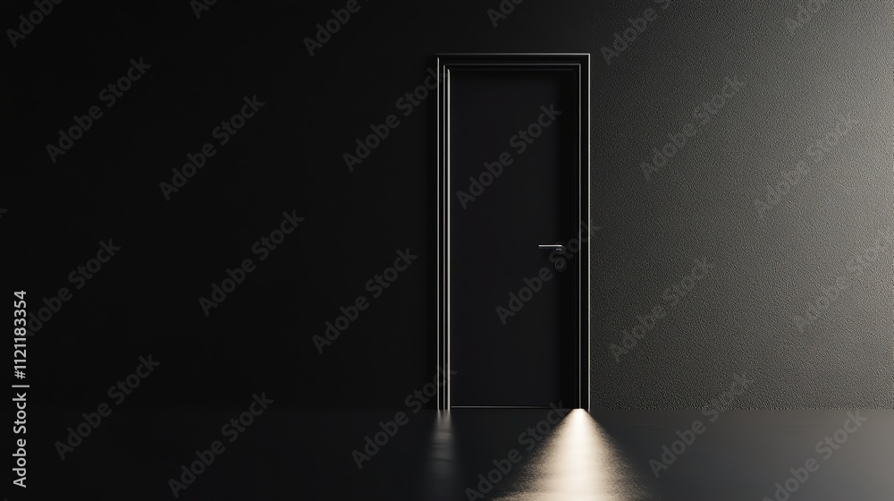 A single black door in a dark room illuminated by a single light. A single black door in a dark room illuminated by a single light.