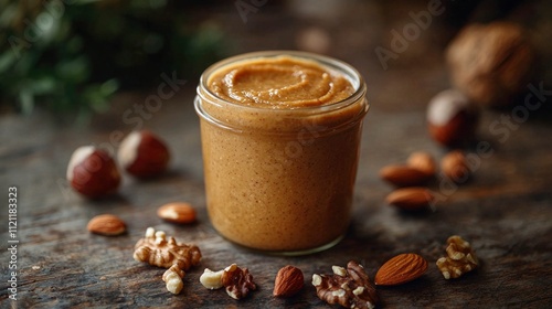 Close-up of creamy nut butter jar surrounded by assorted nuts on a rustic wooden surface, highlighting its rich texture and natural ingredients