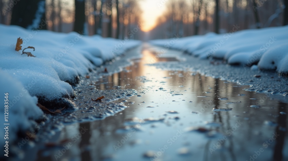 Close-up of puddles on the ground after a thaw, with melting snow patches and reflections of the sky and trees, creating a serene and peaceful atmosphere. Close-up of puddles on the ground after a thaw, with melting snow patches and reflections of the sky and trees, creating a serene and peaceful atmosphere.