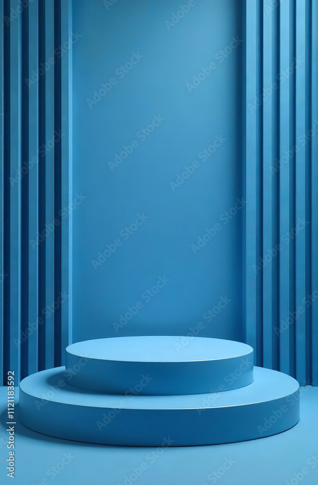Podium cosmetic product on blue background, free space for goods. AI Generative