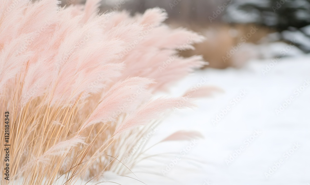 Pink pampas grass in snowy winter scene, Generative AI Pink pampas grass in snowy winter scene, Generative AI