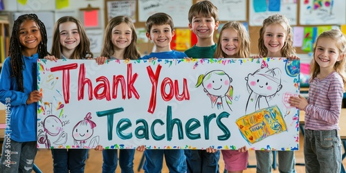 A group of students in a classroom holding a large, hand-painted "Thank You Teachers" sign with bright colors and drawings.