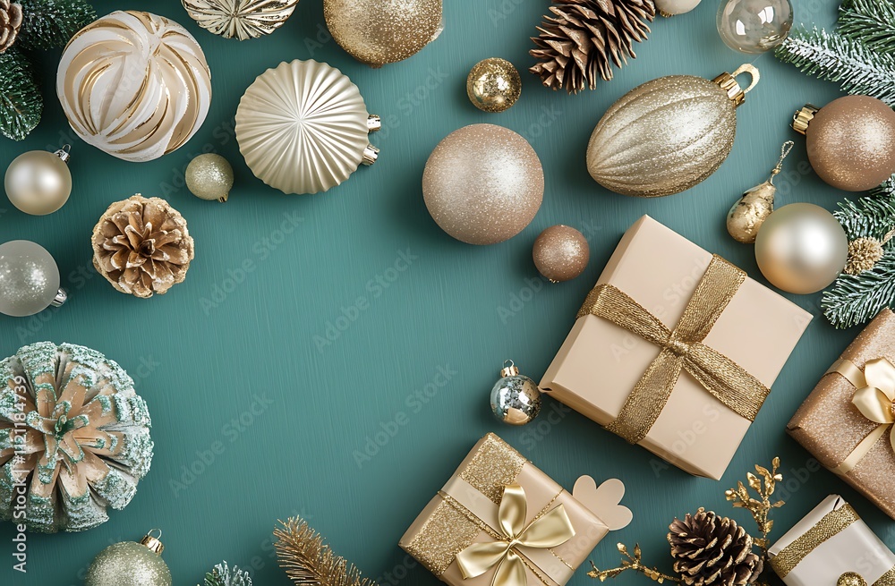 Green Christmas background with decorations and gifts Green Christmas background with decorations and gifts