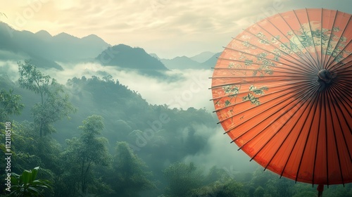 traditional Chinese umbrella, with intricate designs painted on the canopy, set against a serene landscape of misty mountains and lush greenery